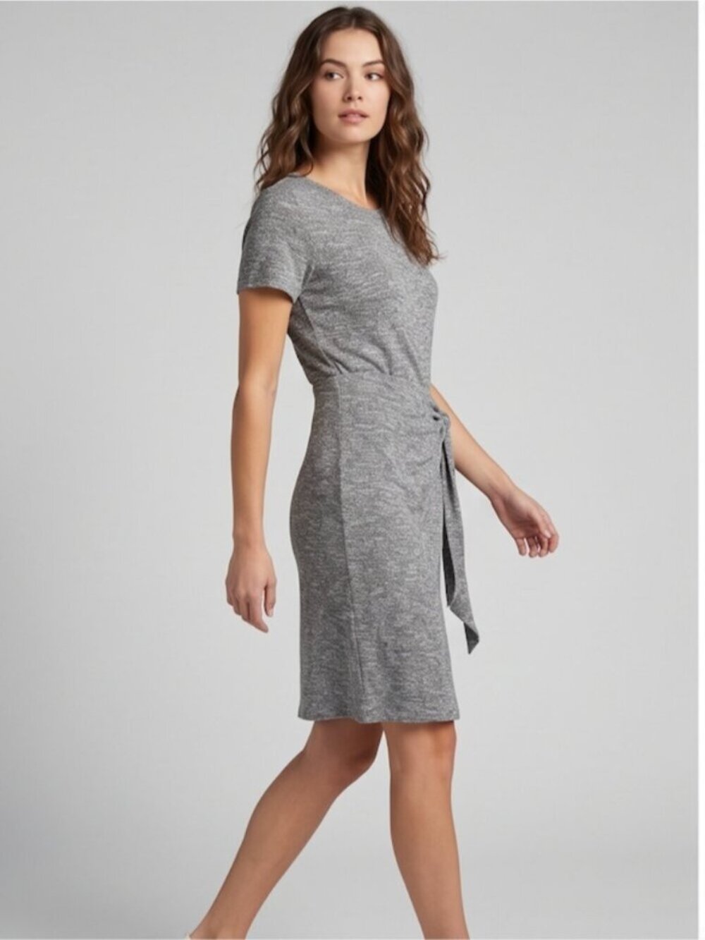 Lucky Brand Ruched Front Tie T-Shirt Dress | Casual Soft Stretch Knit Grey - Picture 2 of 7